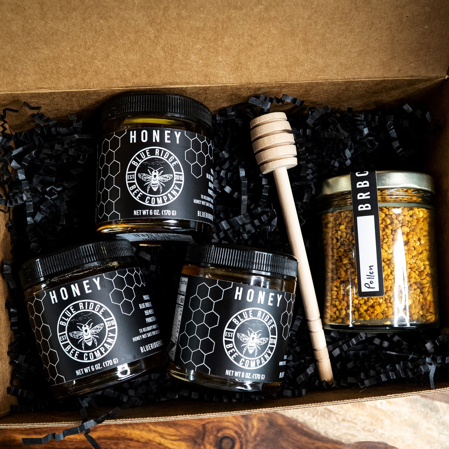 Honey Box with Bee Pollen and Honey Dipper. Three Assorted 6oz jars of our West Virginia Honey
