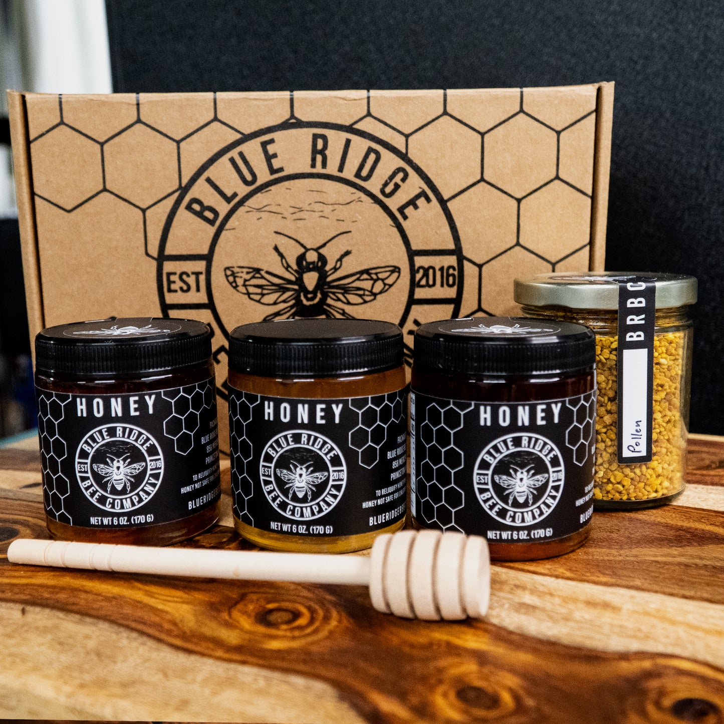 Honey Box with Bee Pollen and Honey Dipper. Three Assorted 6oz jars of our West Virginia Honey